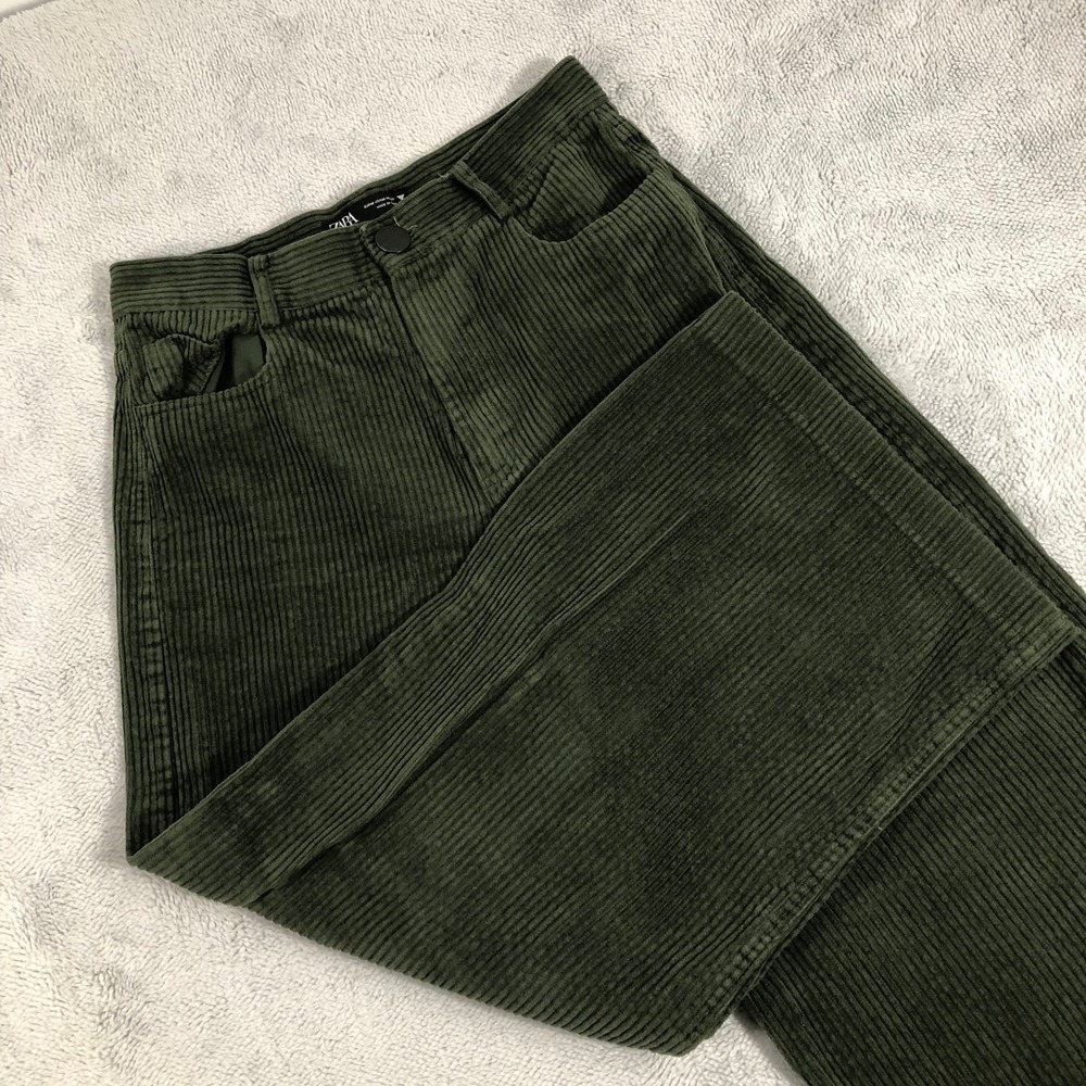 Zara Corduroy Pants Women Medium Green Wide Leg High Waisted Retro Boho Trousers